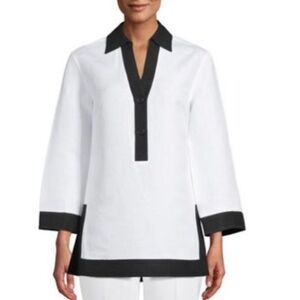 ANNE KLEIN Womens White Black Linen Blend Collar Tunic Size M